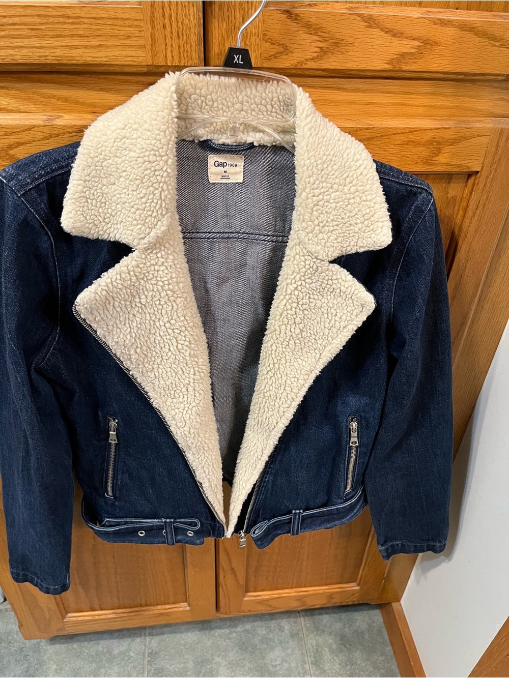 GAP Dark Blue Denim Jacket with Cream Sherpa Collar